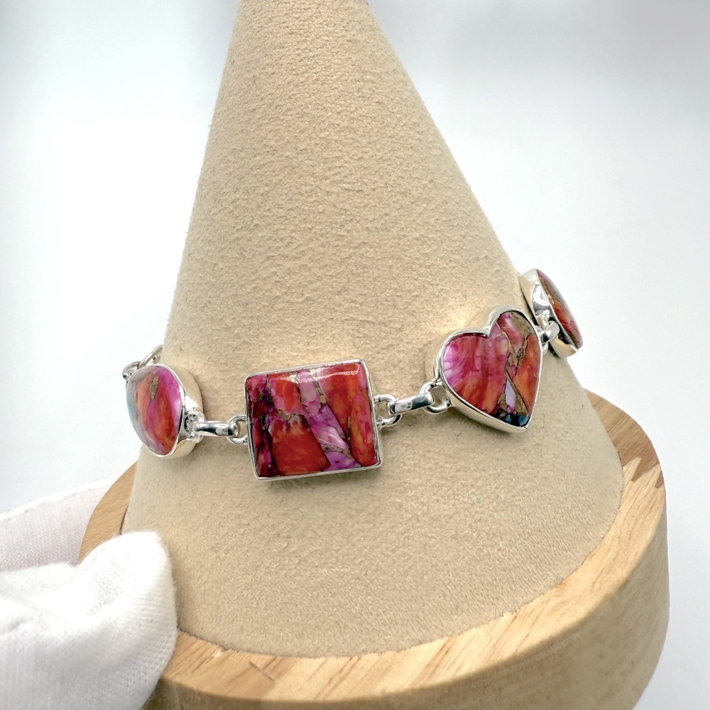 Pink Oyster Turquoise .925 Sterling Silver Bracelet - Picture 9 of 16